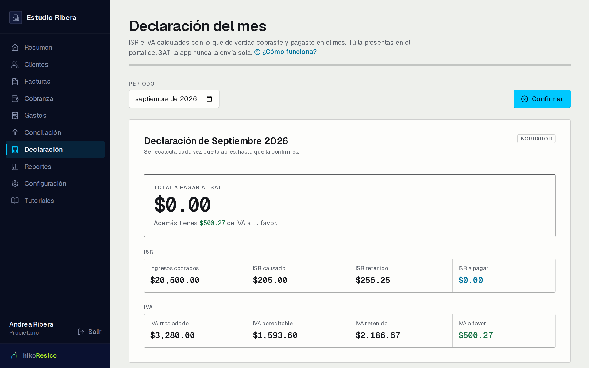 Pantalla de declaración mensual de hikoResico con el ISR y el IVA del mes calculados